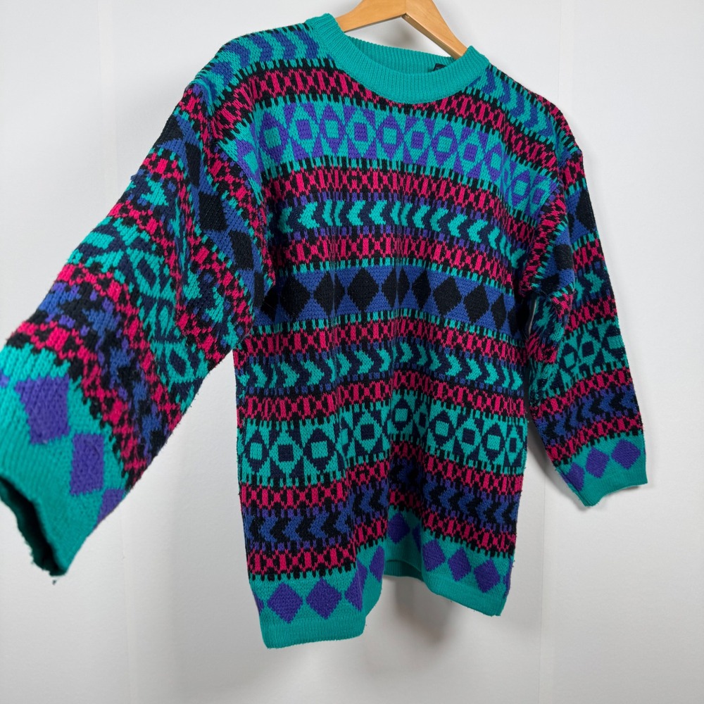 90s YOYO Men S Geometric Knit Sweater Teal Red Retro Aztec Fair Isle Grandpa Dad